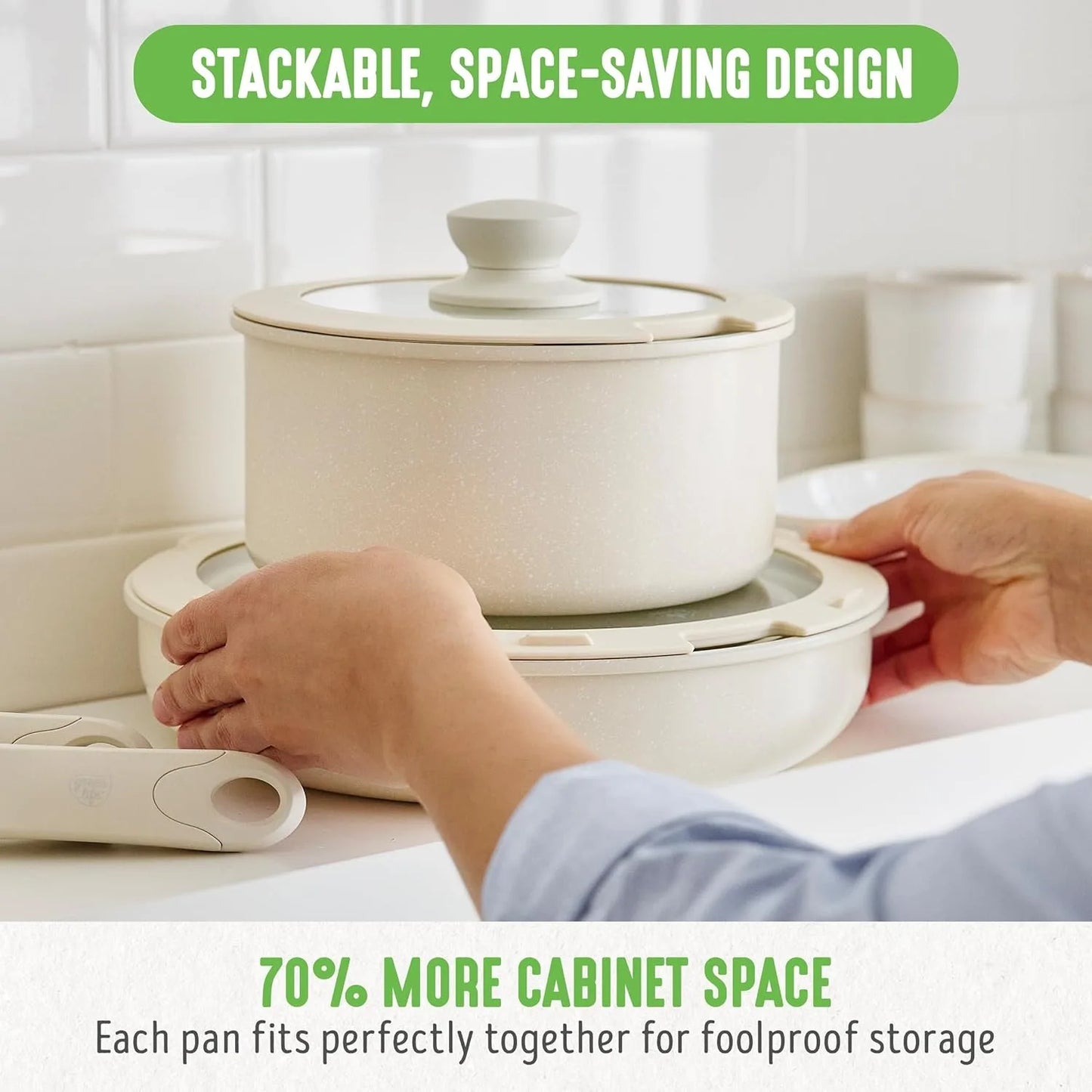 Click 10-Piece Ceramic Nonstick Cookware Set, Detachable Handle, Stackable Space Saving Kitchen Essential