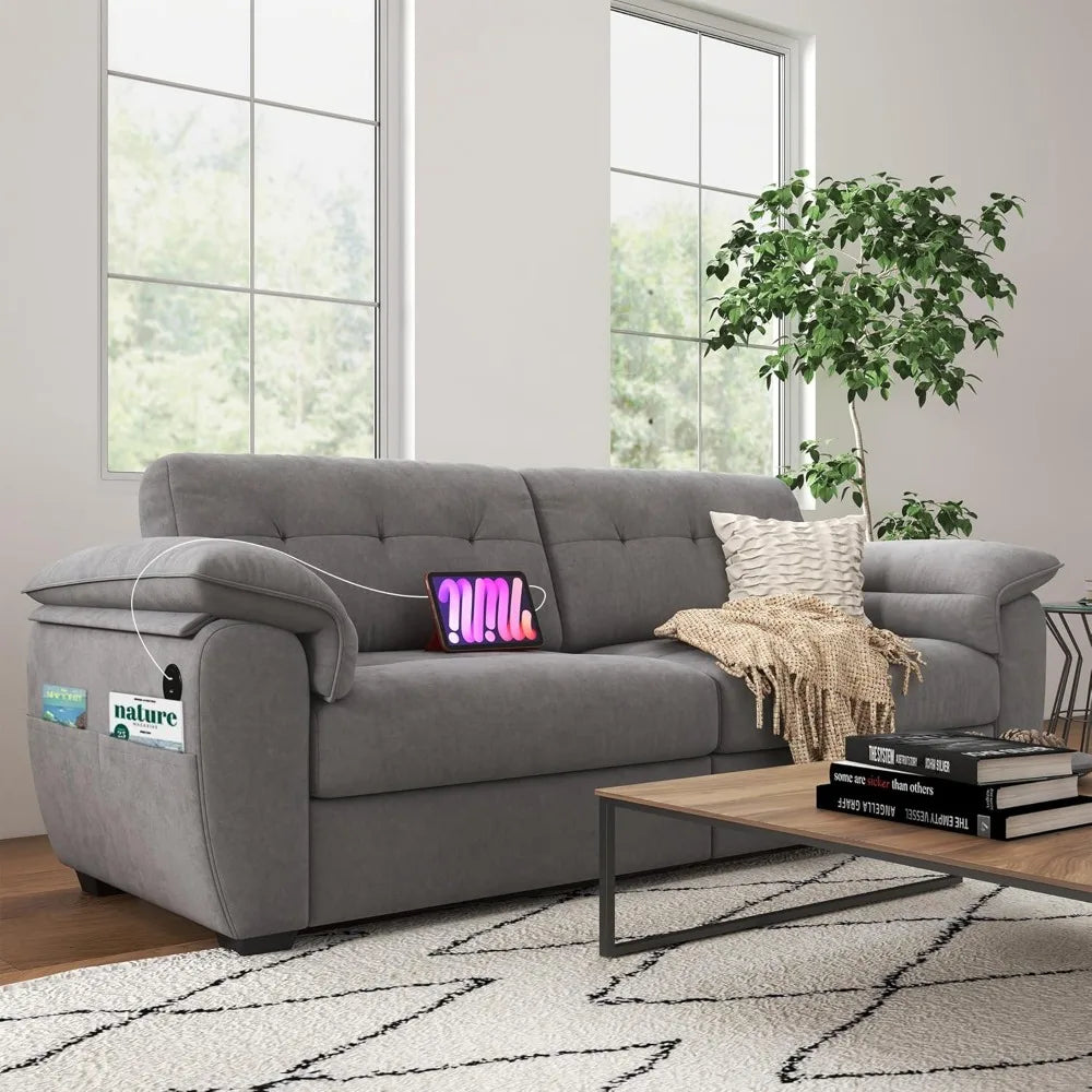 87" Modern Sofa, Comfy Sofa Couch w/Extra Deep Seats, 2/3 Seater Couches w/USB Charging Ports & Side Pockets