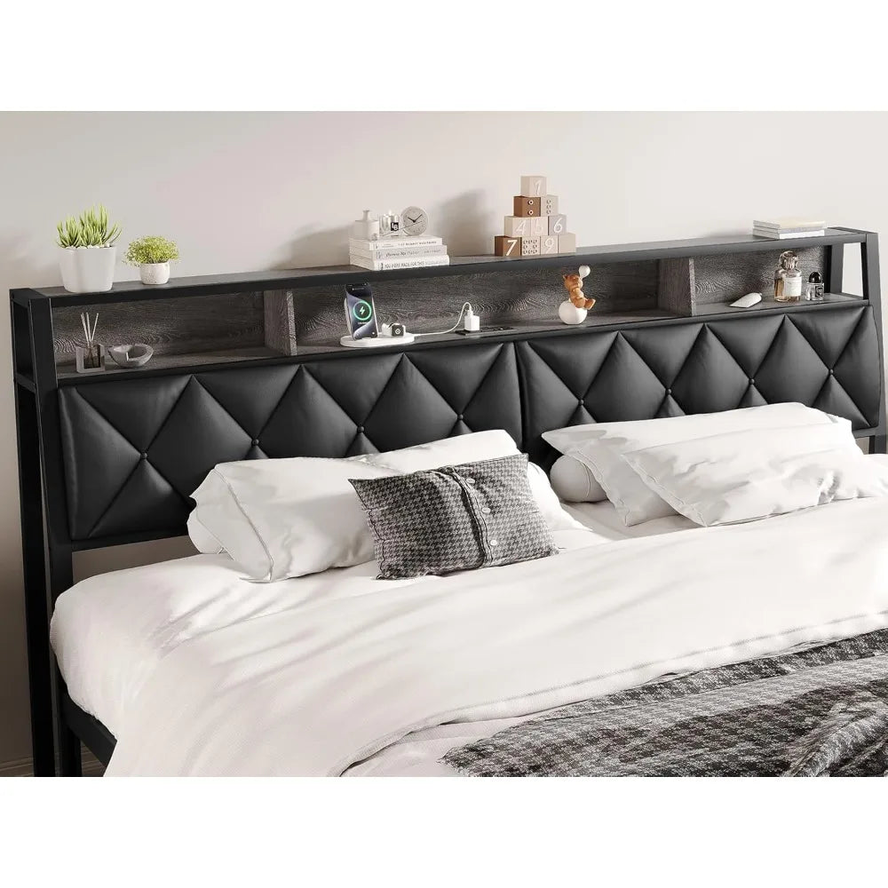 Headboard for Queen Size Bed with Storage, Upholstered Headboards with LED Lights & Charging Station, Queen Headboard Only