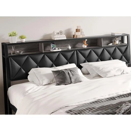 Headboard for Queen Size Bed with Storage, Upholstered Headboards with LED Lights & Charging Station, Queen Headboard Only