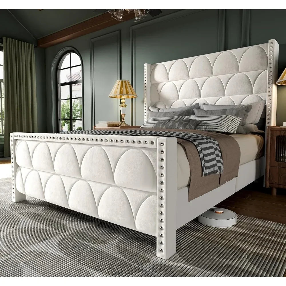 Silent Velvet Wingback Platform Bed Frame with 56" Headboard - 1000lb Weight Capacity & Noise-Free Design