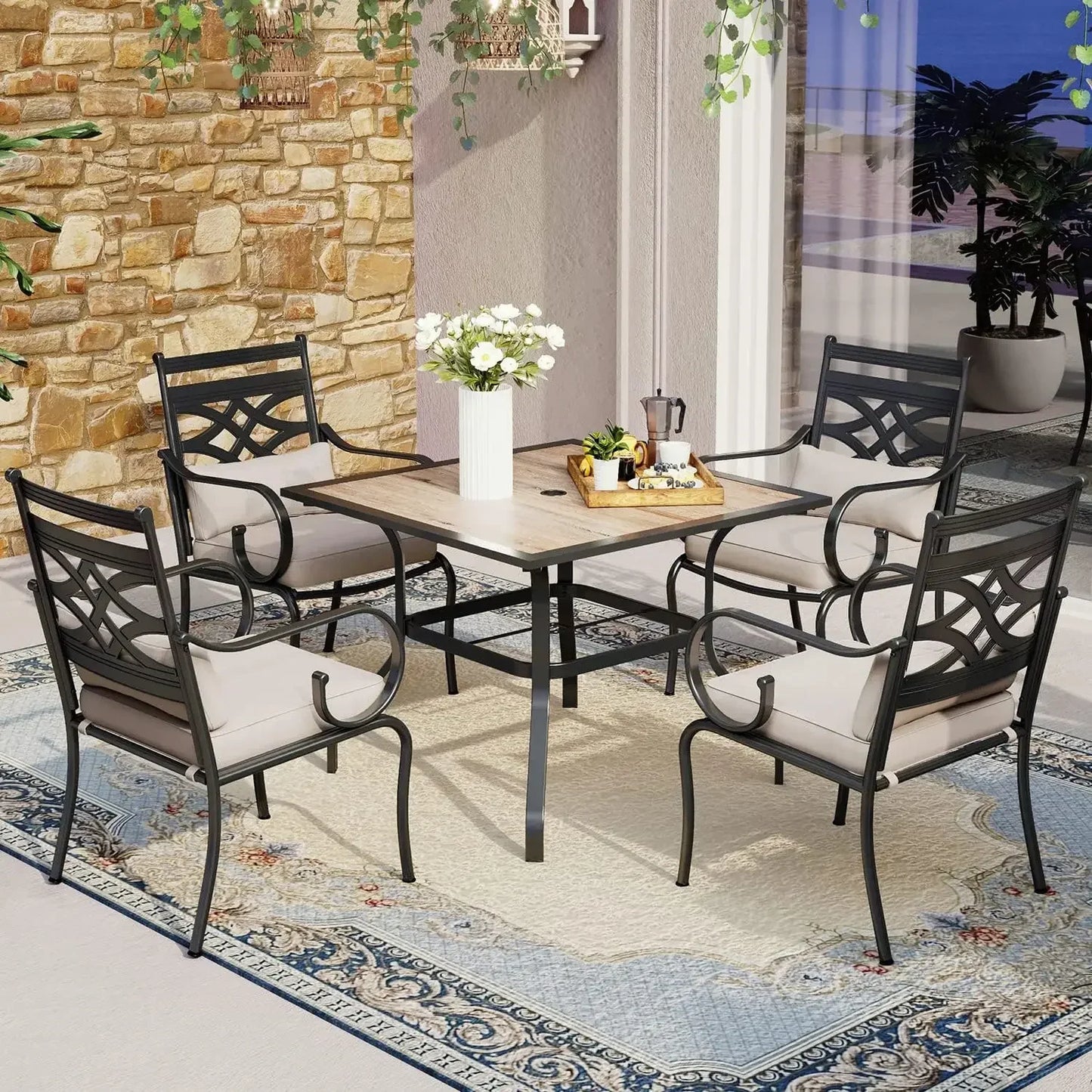 5 PCS Patio Dining Sets with 4 Swivel Chairs and 1 Square Table, All Weather Heavy Duty Black Frame, Outdoor Furniture for 4