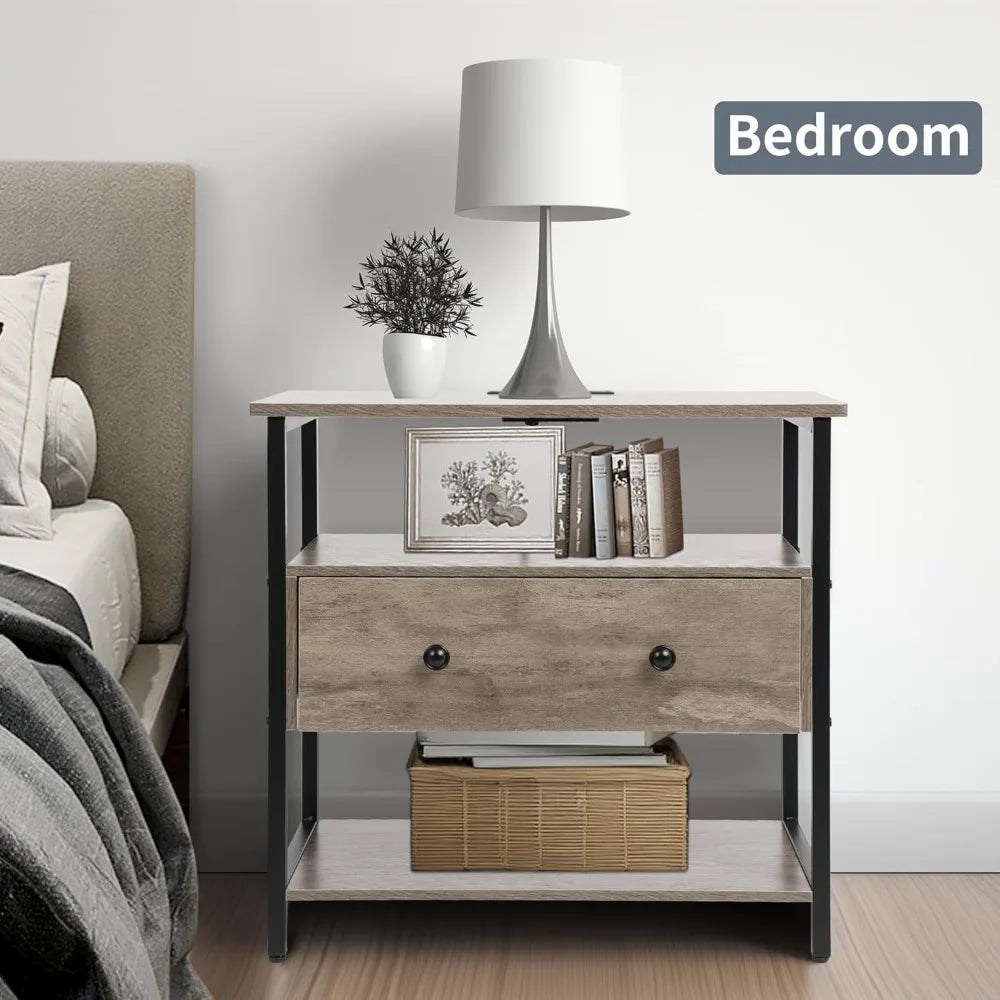 27 inch Nightstand Side Table with 1 Layer of Wooden Drawers，Nightstand with Charging Station,End Table Bedside Table