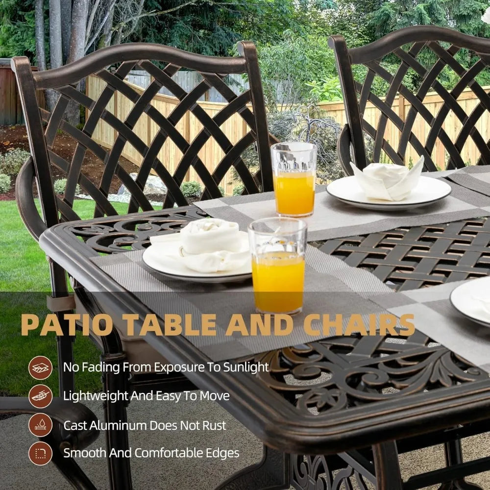 7-Piece Cast Aluminum Outdoor Table and Chairs, Antique Bronze Patio Dining Sets Include 60" Large Patio Dining Table and 6 Chai