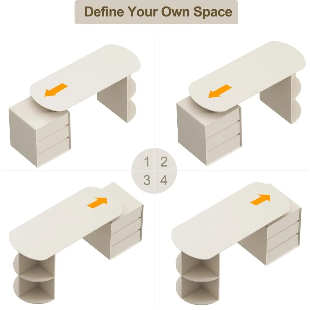 Desk with Drawers, 55inch Home Office White Desk with Drawers and Storage Shelves, Cream White Desk Modern Simple Style Laptop