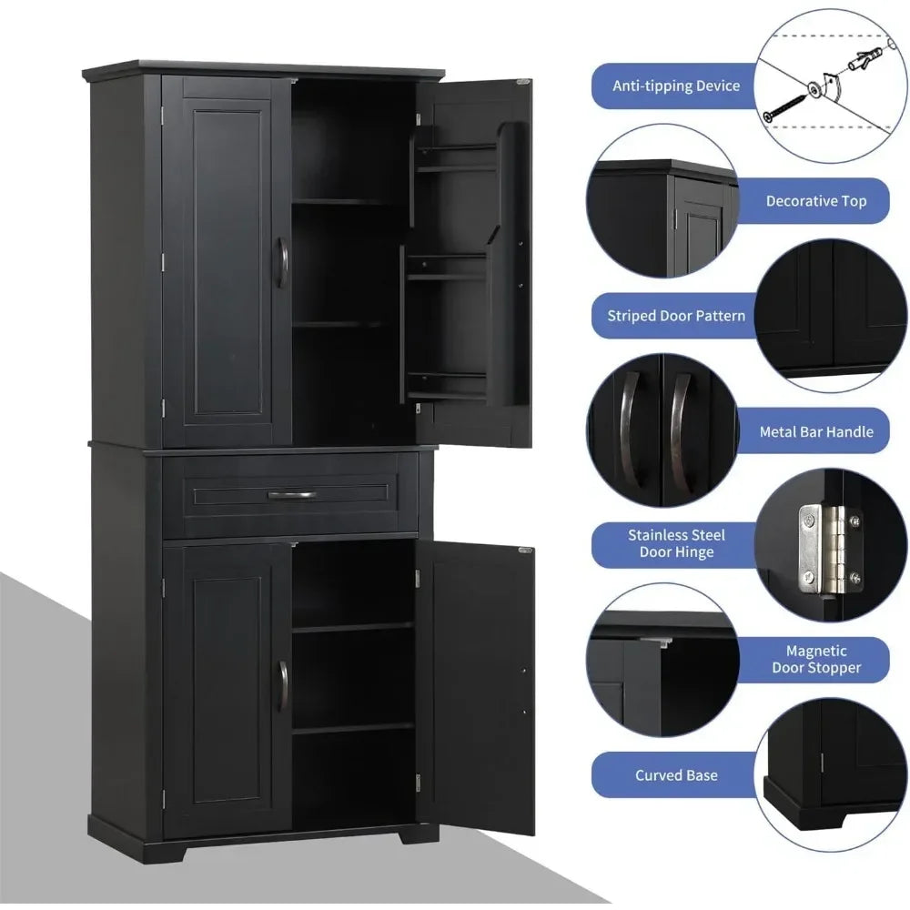 Bathroom Storage Cabinet with 4 Doors, 3-Tier Door Racks, Storage Drawer, 72" Free-Standing Tall Linen Cabinet for Bathroom