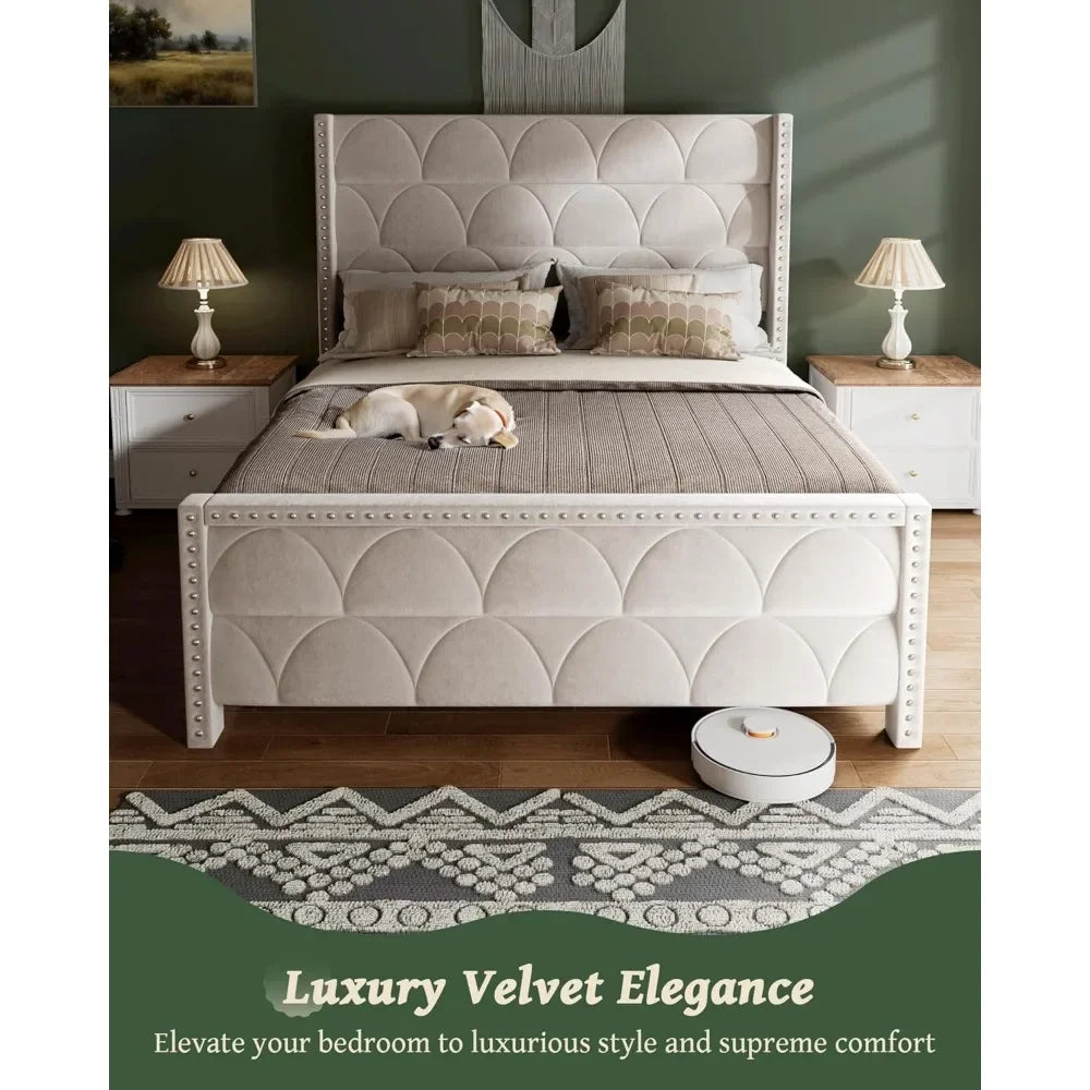 Silent Velvet Wingback Platform Bed Frame with 56" Headboard - 1000lb Weight Capacity & Noise-Free Design