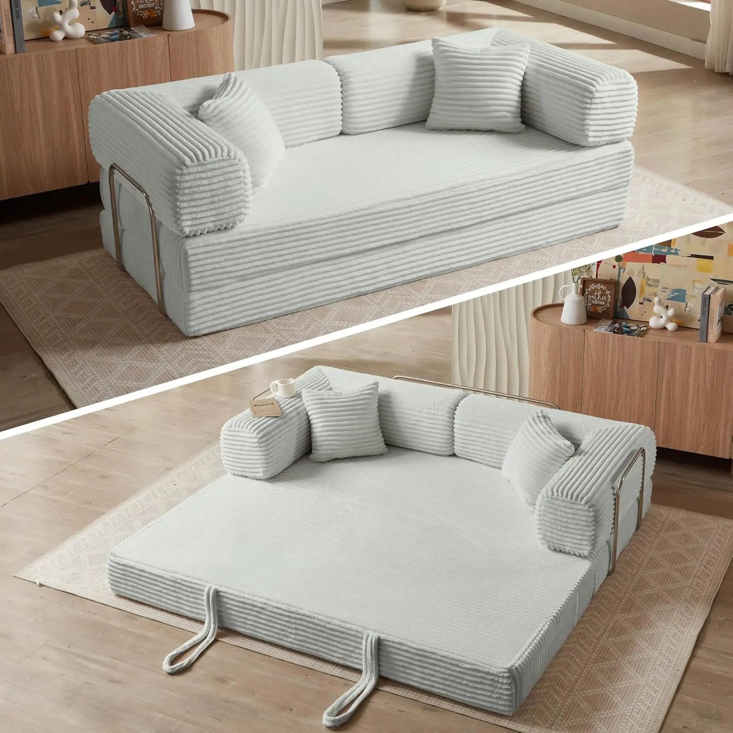Sofa Bed 4-in-1 Boneless Couch Oversized Corduroy Upholstered Sleeper Sofa with Loveseat Couches for Living Room Futon