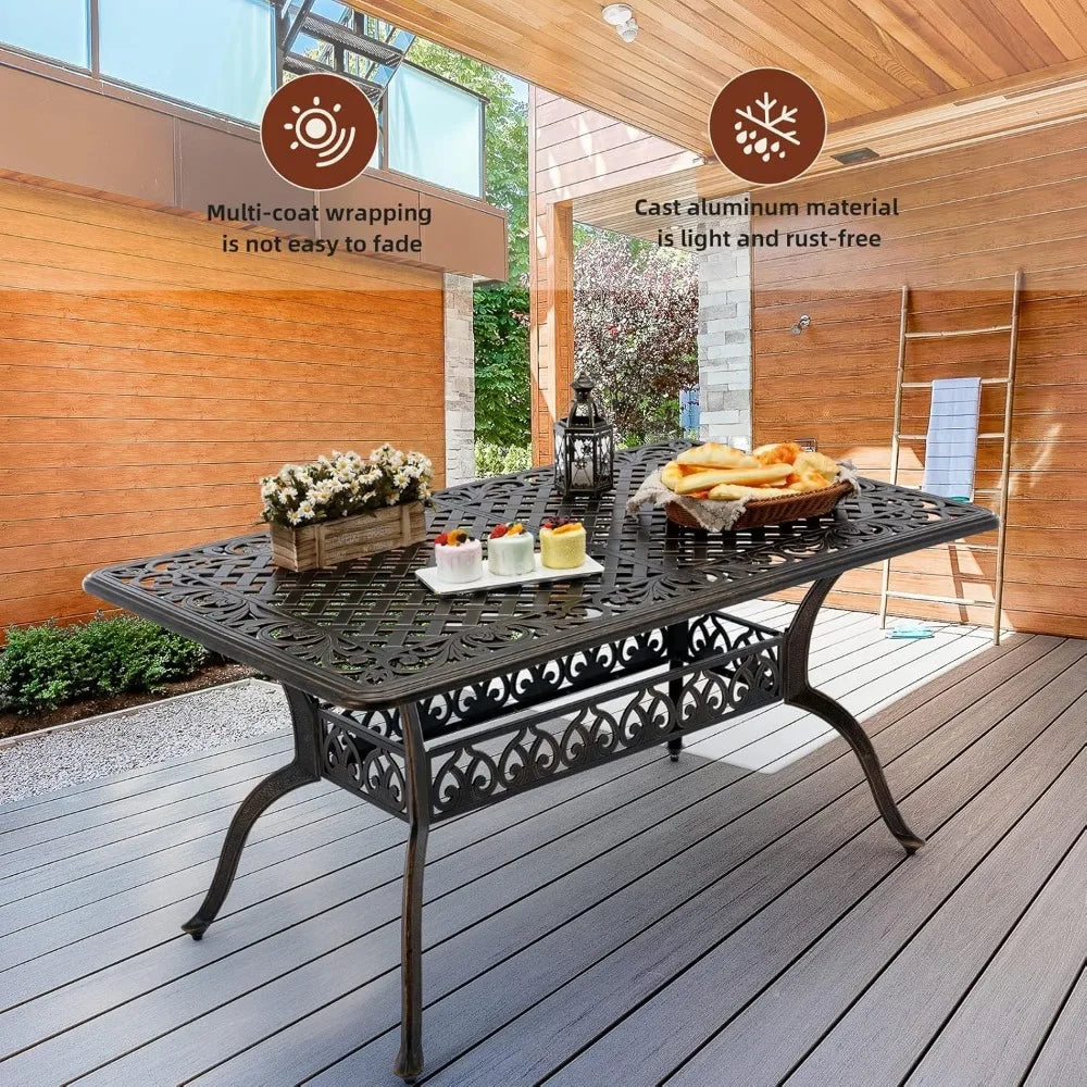 7-Piece Cast Aluminum Outdoor Table and Chairs, Antique Bronze Patio Dining Sets Include 60" Large Patio Dining Table and 6 Chai