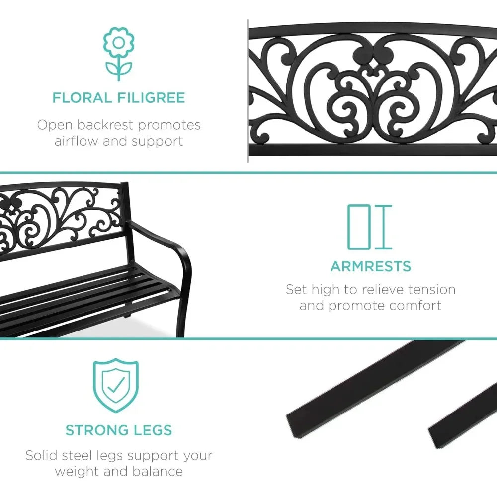 Outdoor Bench Steel Garden Patio Porch Furniture for Lawn, Park, Deck w/Floral Design Backrest, Slatted Seat