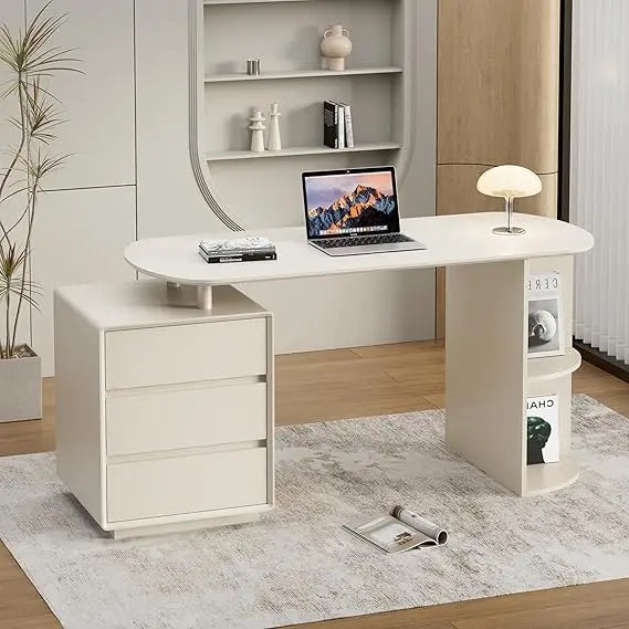 Desk with Drawers, 55inch Home Office White Desk with Drawers and Storage Shelves, Cream White Desk Modern Simple Style Laptop
