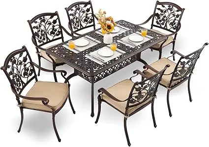7-Piece Cast Aluminum Outdoor Table and Chairs, Antique Bronze Patio Dining Sets Include 60" Large Patio Dining Table and 6 Chai
