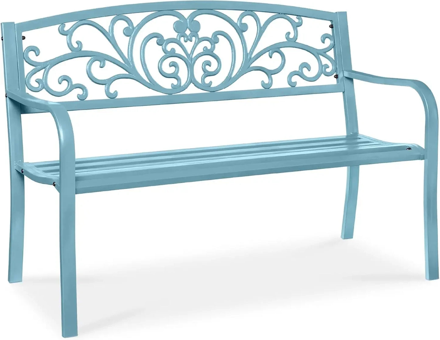 Outdoor Bench Steel Garden Patio Porch Furniture for Lawn, Park, Deck w/Floral Design Backrest, Slatted Seat