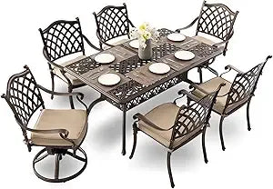 7-Piece Cast Aluminum Outdoor Table and Chairs, Antique Bronze Patio Dining Sets Include 60" Large Patio Dining Table and 6 Chai