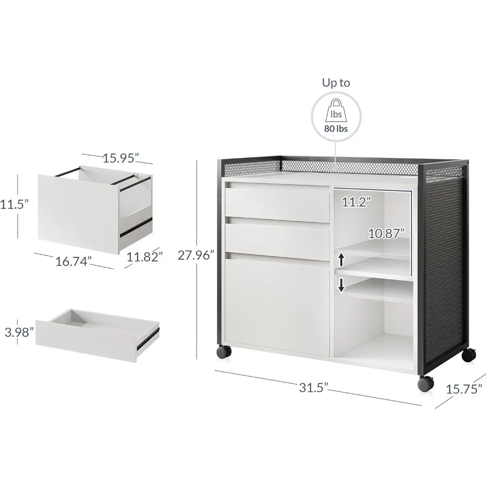 3-Drawer Mobile File Cabinet Desk with Ultra-Fast USB Type A/C Outlet, Rolling Printer Stand with 2-Tier Open Shelves