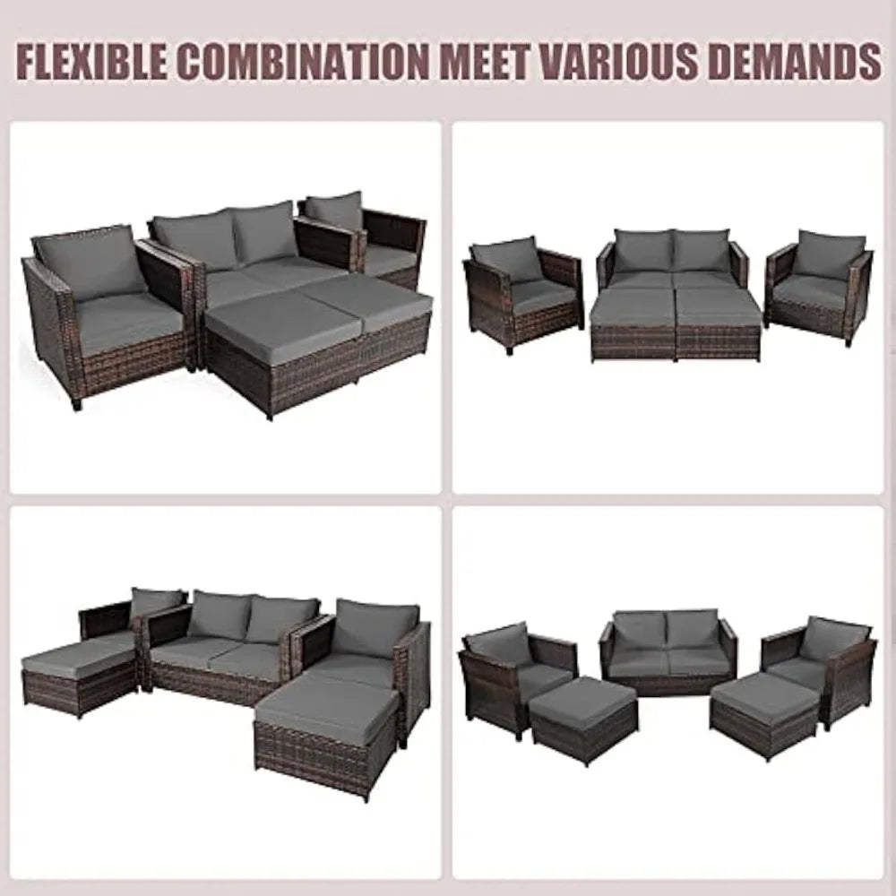 5 Pieces Patio Furniture Set, Outdoor Rattan Sofa Set w/Removable Cushions, Wicker Loveseat w/Single Sofa & Ottoman, Sectional