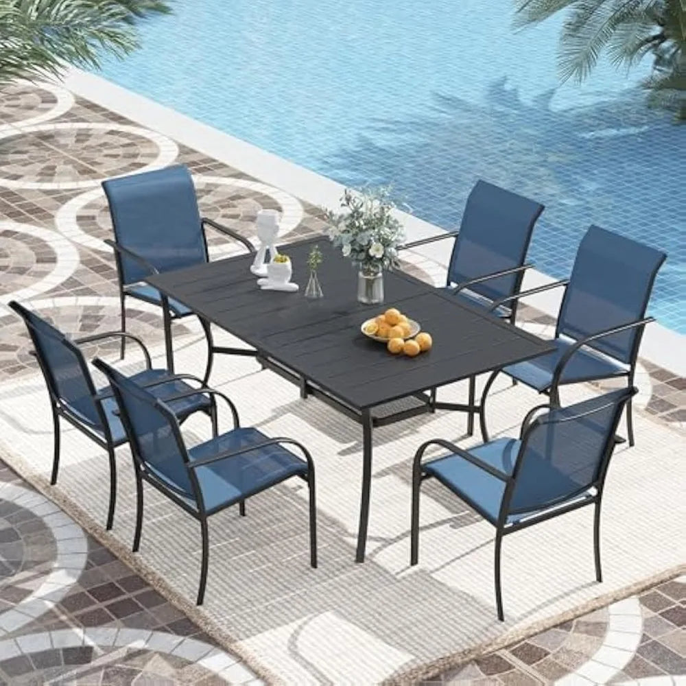 7 Pieces Patio Dining Set, Patio Furniture Set of 6 Patio Stackable Dining Chairs and Outdoor Rectangular Metal Table with Stor