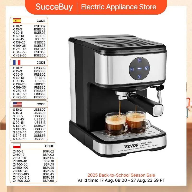 VEVOR Espresso Machine 15 Bar Coffee and Espresso Maker with Milk Frother Steam Wand Professional Semi-Automatic Latte Machine