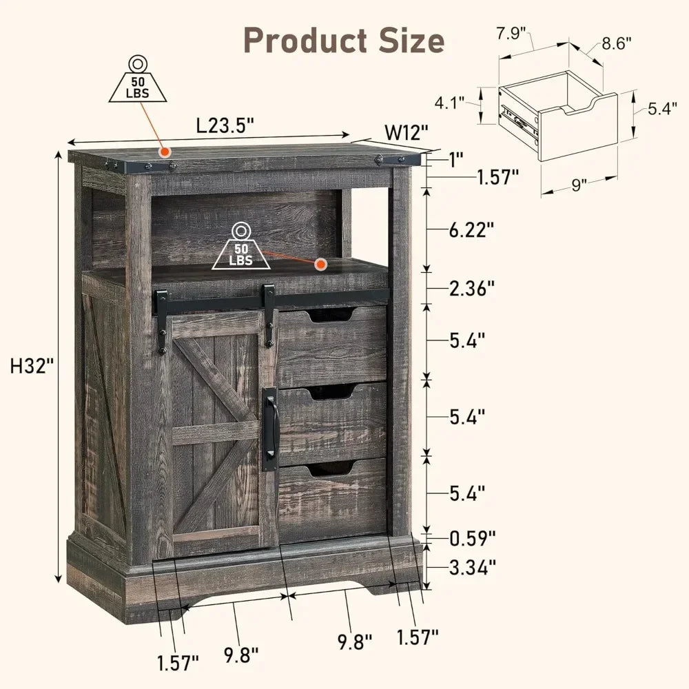 Bathroom Floor Cabinet, Farmhouse Storage Cabinet with Sliding Barn Door & Storage Drawers, Small Storage Cabinet