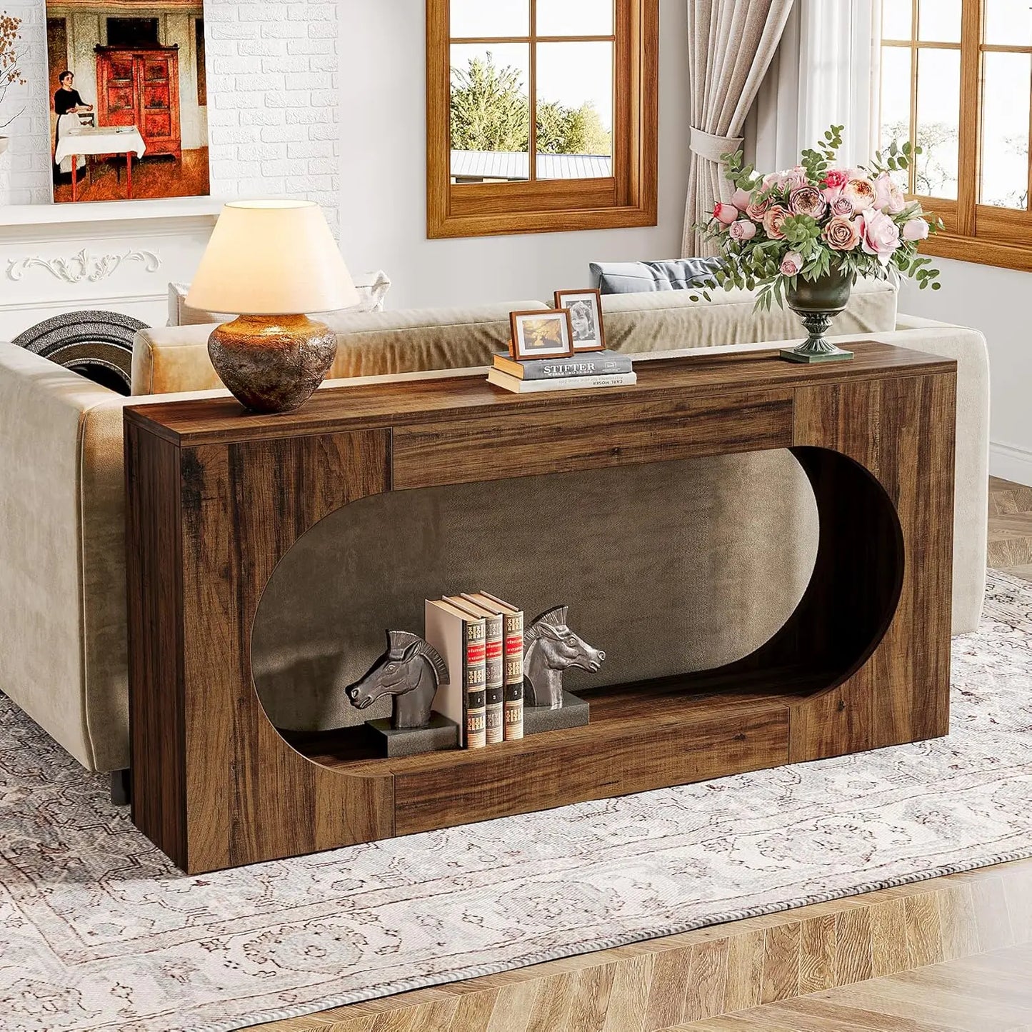 Console Table, 63 Inches Narrow Sofa Entryway Table with 2-Tier Storage Shelf for Living Room, Rustic Brown