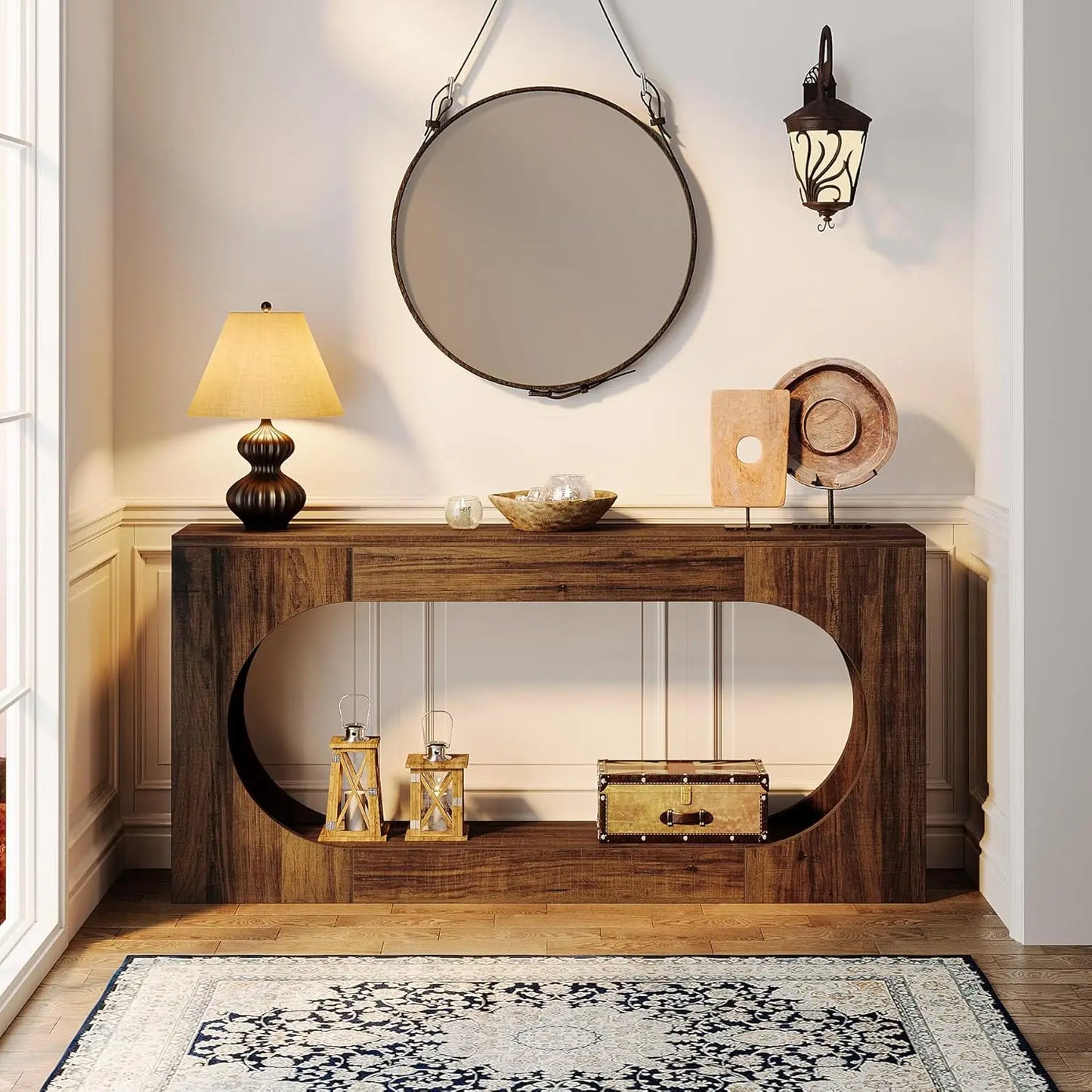 Console Table, 63 Inches Narrow Sofa Entryway Table with 2-Tier Storage Shelf for Living Room, Rustic Brown