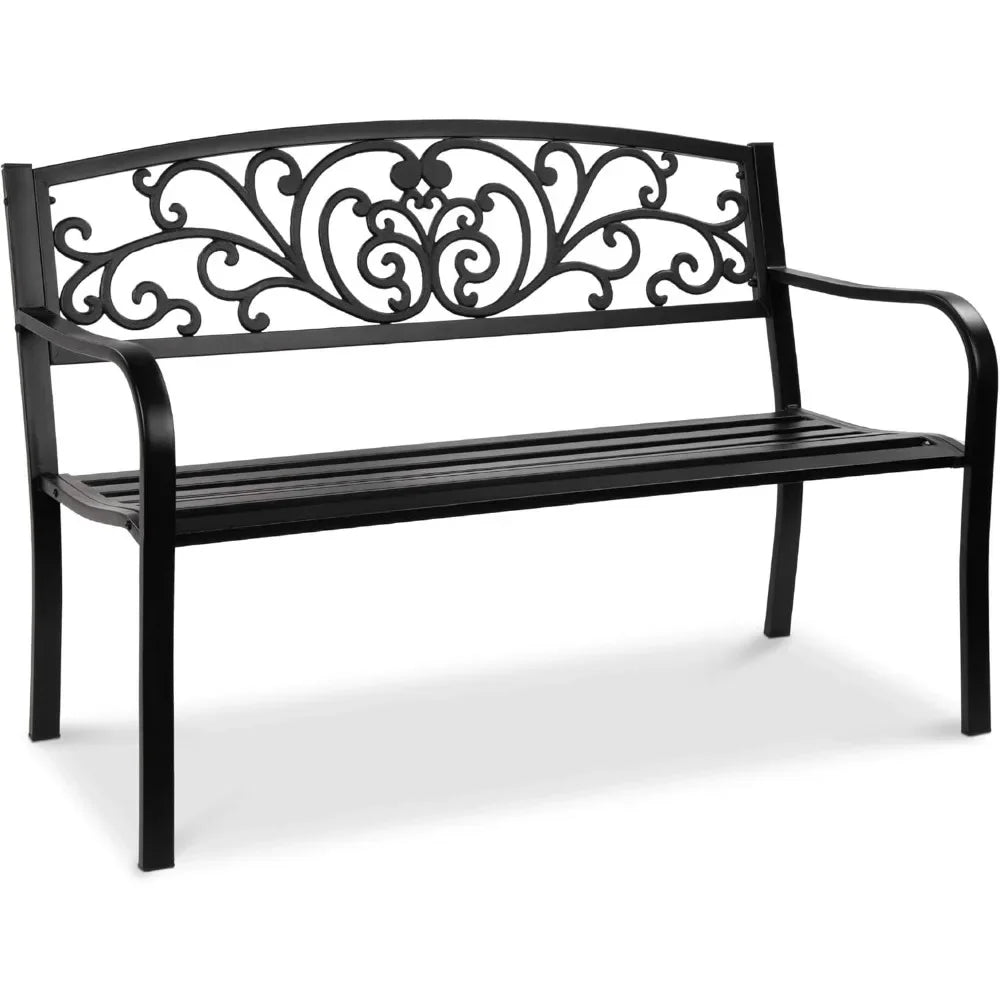 Outdoor Bench Steel Garden Patio Porch Furniture for Lawn, Park, Deck w/Floral Design Backrest, Slatted Seat