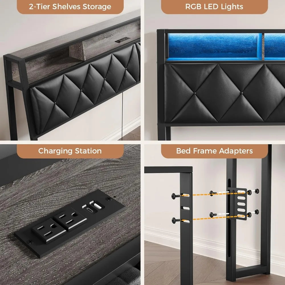 Headboard for Queen Size Bed with Storage, Upholstered Headboards with LED Lights & Charging Station, Queen Headboard Only