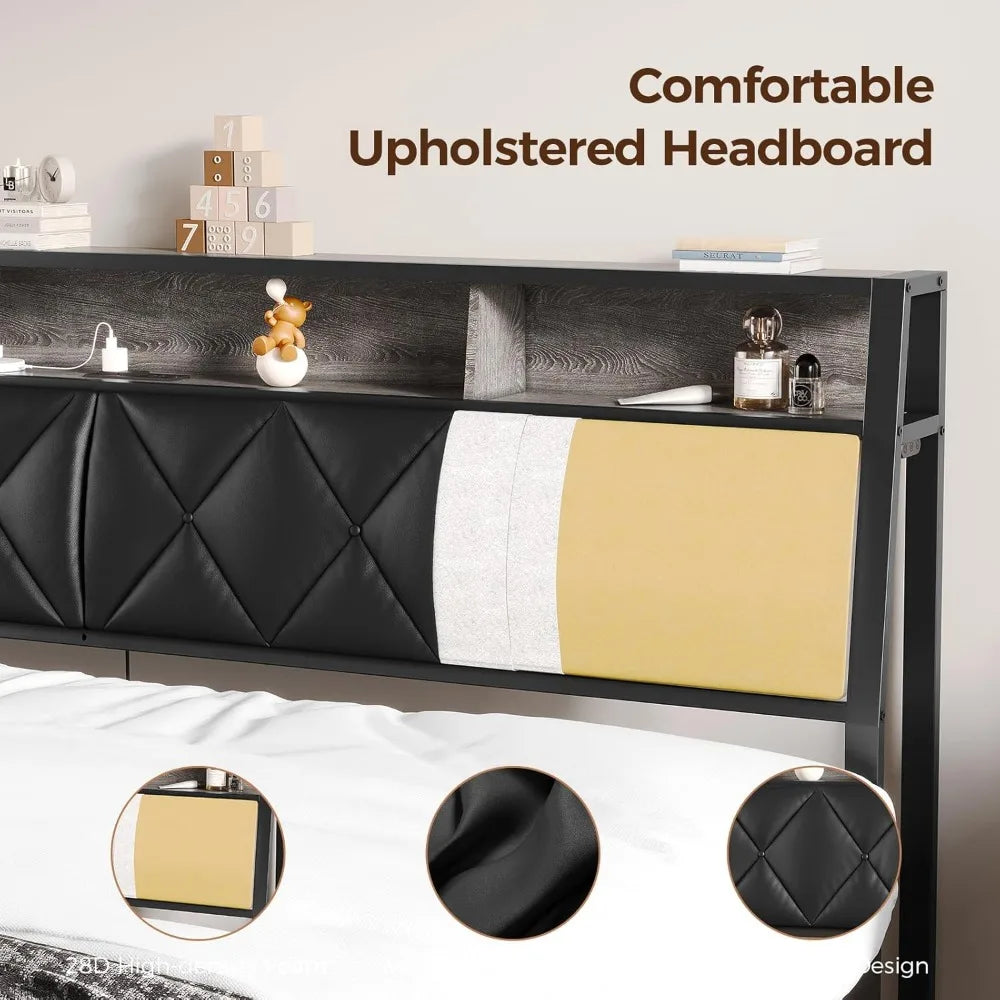 Headboard for Queen Size Bed with Storage, Upholstered Headboards with LED Lights & Charging Station, Queen Headboard Only
