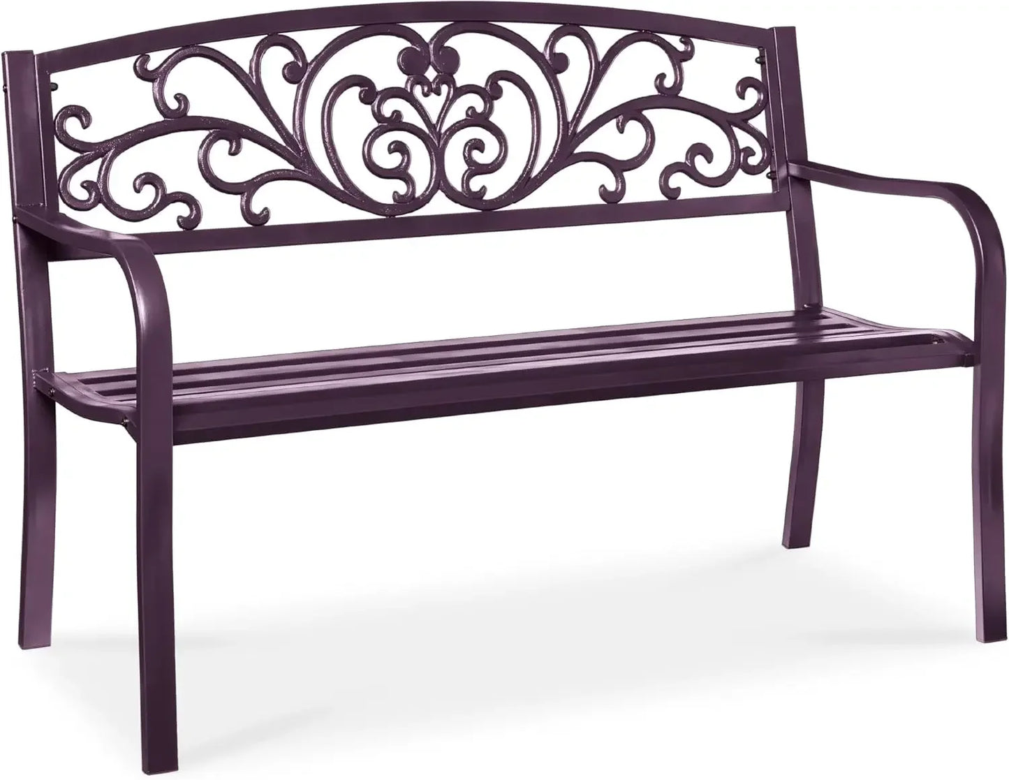 Outdoor Bench Steel Garden Patio Porch Furniture for Lawn, Park, Deck w/Floral Design Backrest, Slatted Seat