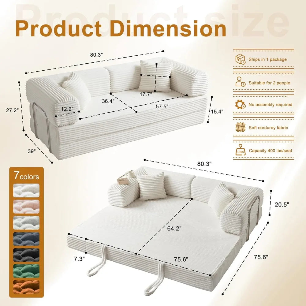 Sofa Bed 4-in-1 Boneless Couch Oversized Corduroy Upholstered Sleeper Sofa with Loveseat Couches for Living Room Futon