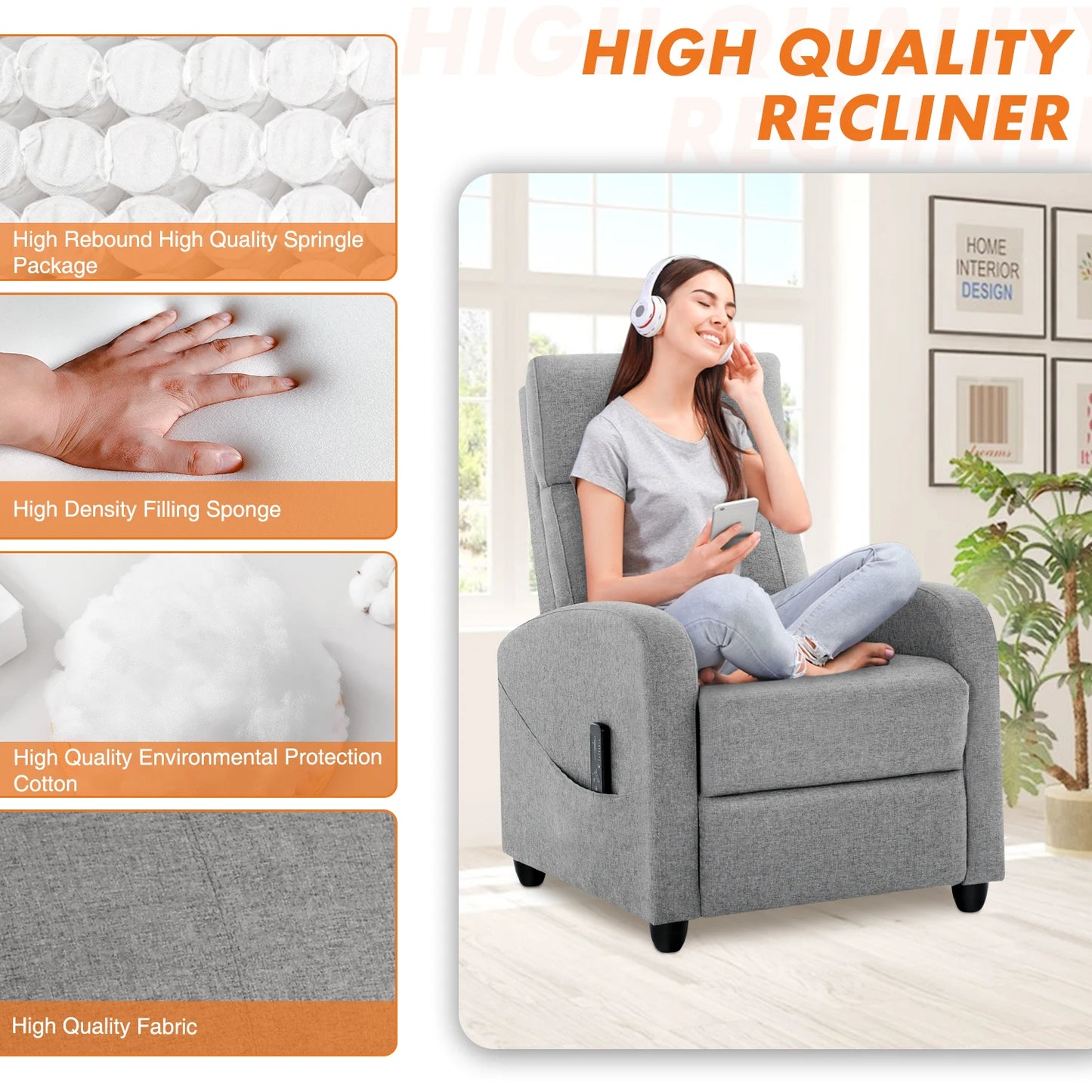 JHK Recliner Chair Massage Sofa Modern Fabric Lumbar Support