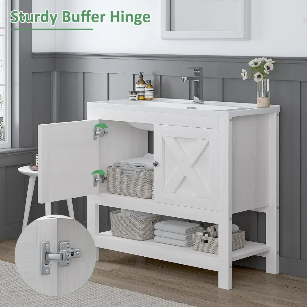 Farmhouse Bathroom Vanity with Sink, 35 Inch Bathroom Vanity Cabinet, Freestanding Vanity, 2 Doors and Open Shelf,