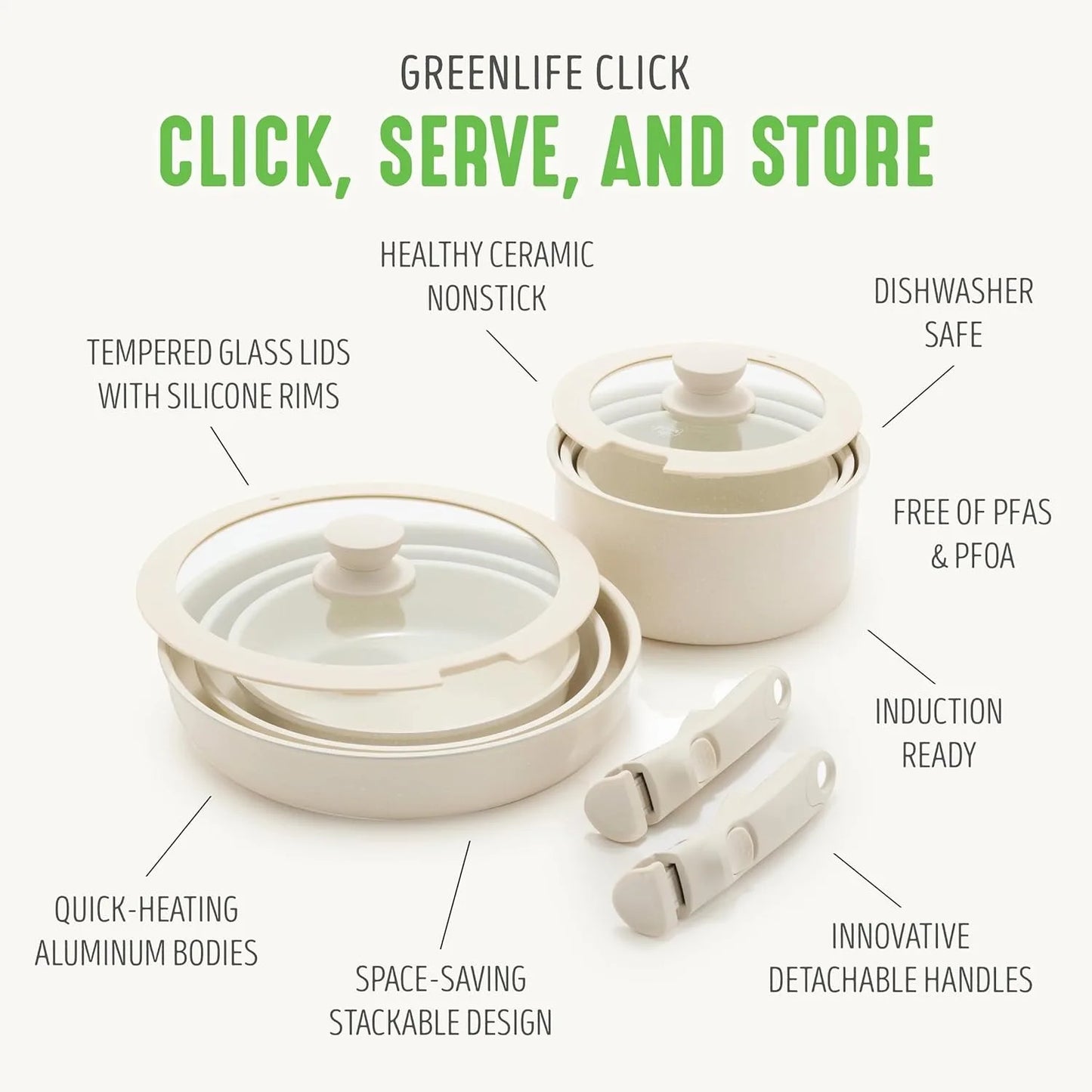 Click 10-Piece Ceramic Nonstick Cookware Set, Detachable Handle, Stackable Space Saving Kitchen Essential
