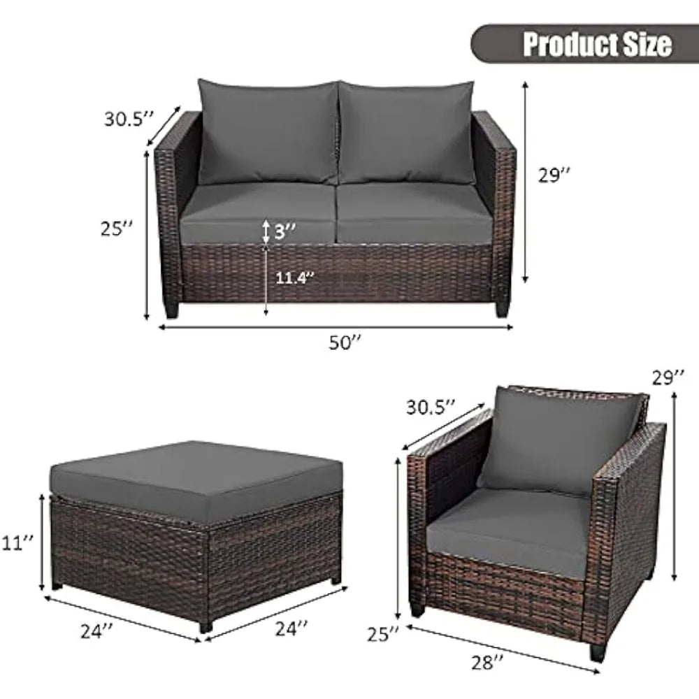 5 Pieces Patio Furniture Set, Outdoor Rattan Sofa Set w/Removable Cushions, Wicker Loveseat w/Single Sofa & Ottoman, Sectional