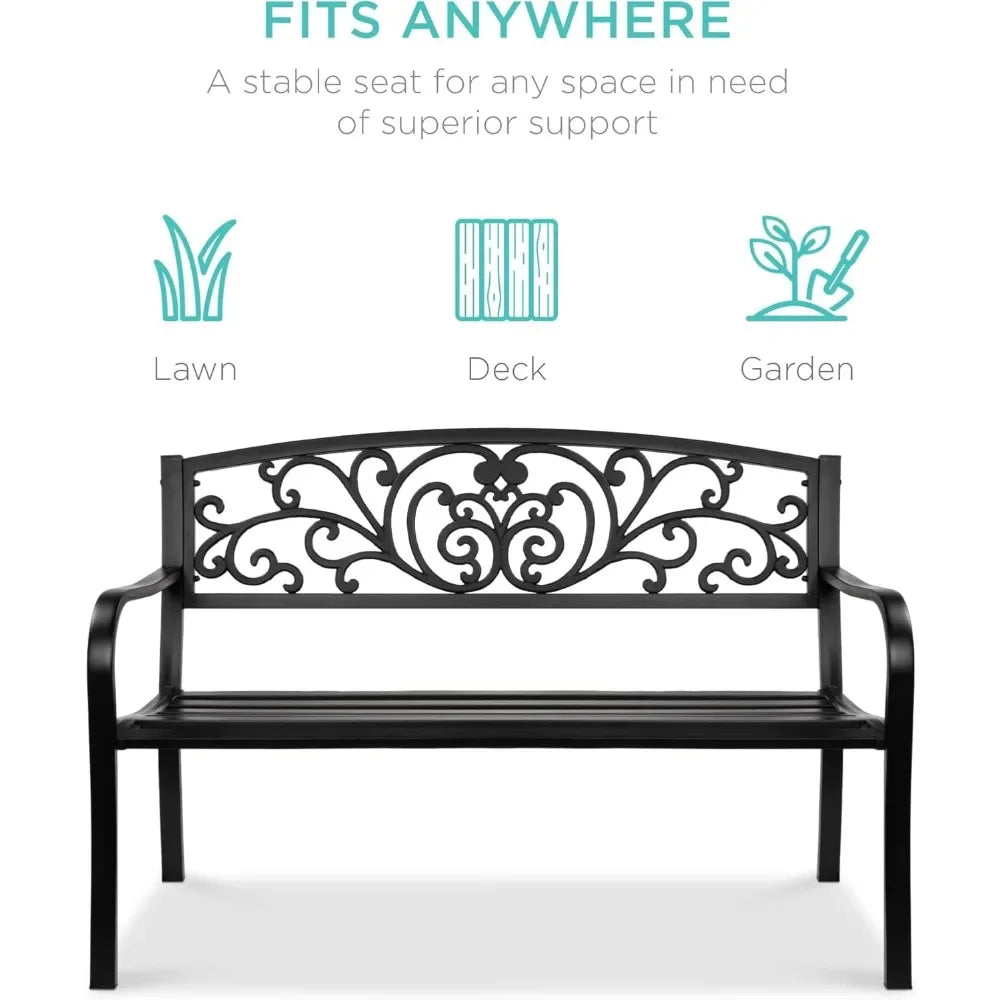 Outdoor Bench Steel Garden Patio Porch Furniture for Lawn, Park, Deck w/Floral Design Backrest, Slatted Seat