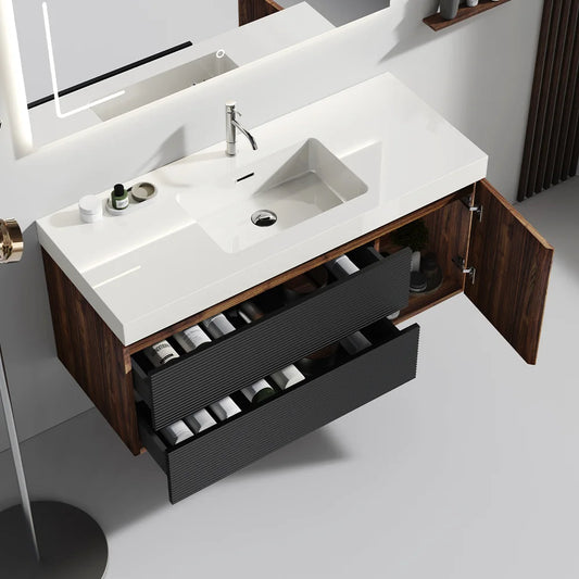 SH.KL 48 Inch Walnut Bathroom Vanity, Wall Mounted Floating Bathroom Cabinet, Pre-assembled, Bathroom Furniture, Vanities