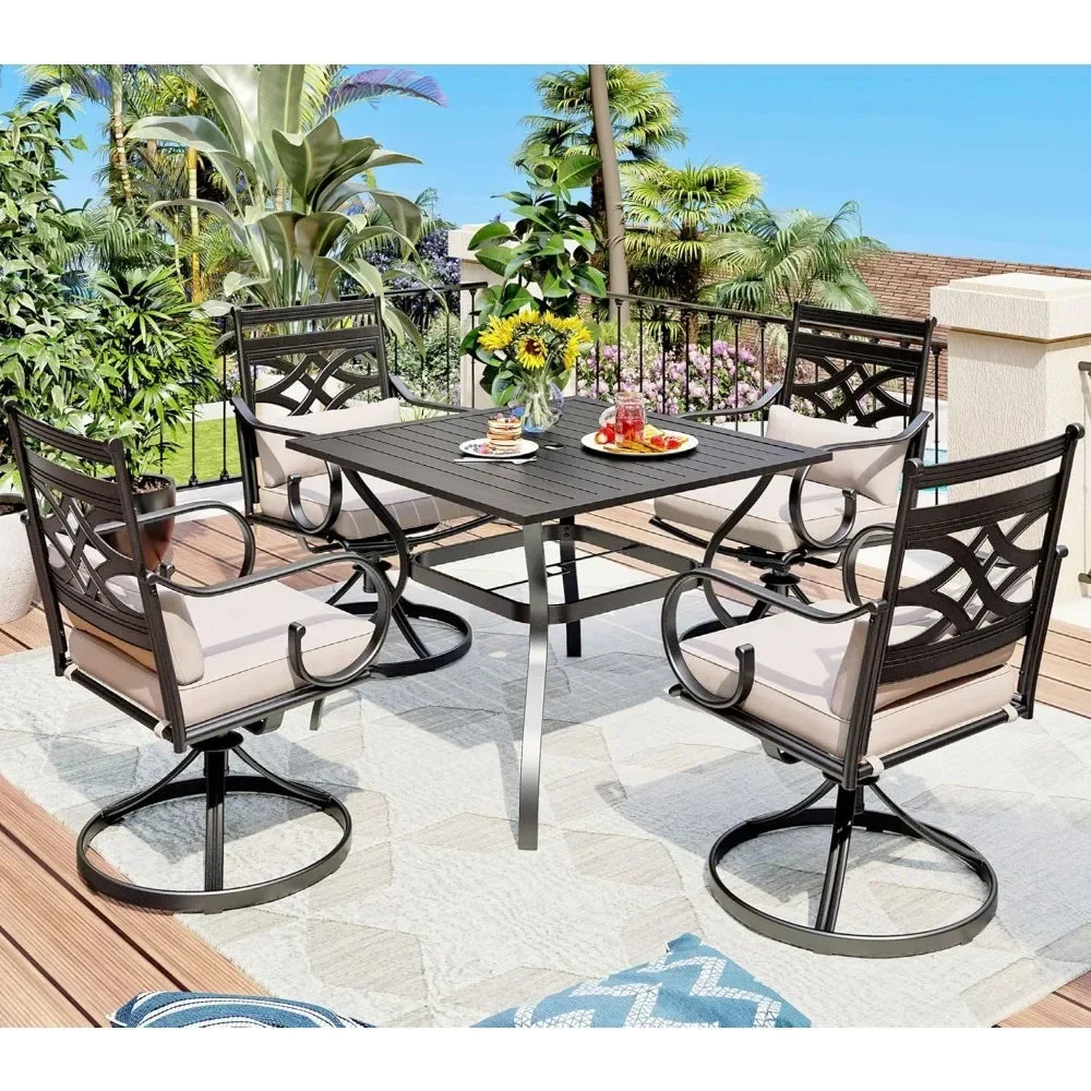 5 PCS Patio Dining Sets with 4 Swivel Chairs and 1 Square Table, All Weather Heavy Duty Black Frame, Outdoor Furniture for 4