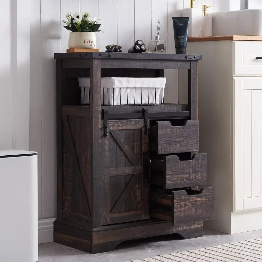 Bathroom Floor Cabinet, Farmhouse Storage Cabinet with Sliding Barn Door & Storage Drawers, Small Storage Cabinet