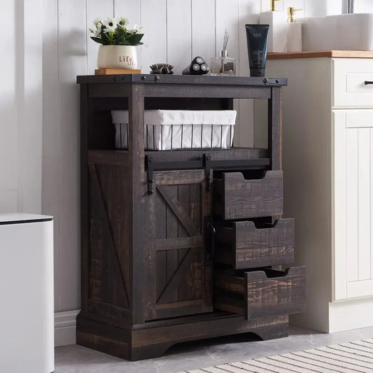Bathroom Floor Cabinet, Farmhouse Storage Cabinet with Sliding Barn Door & Storage Drawers, Small Storage Cabinet