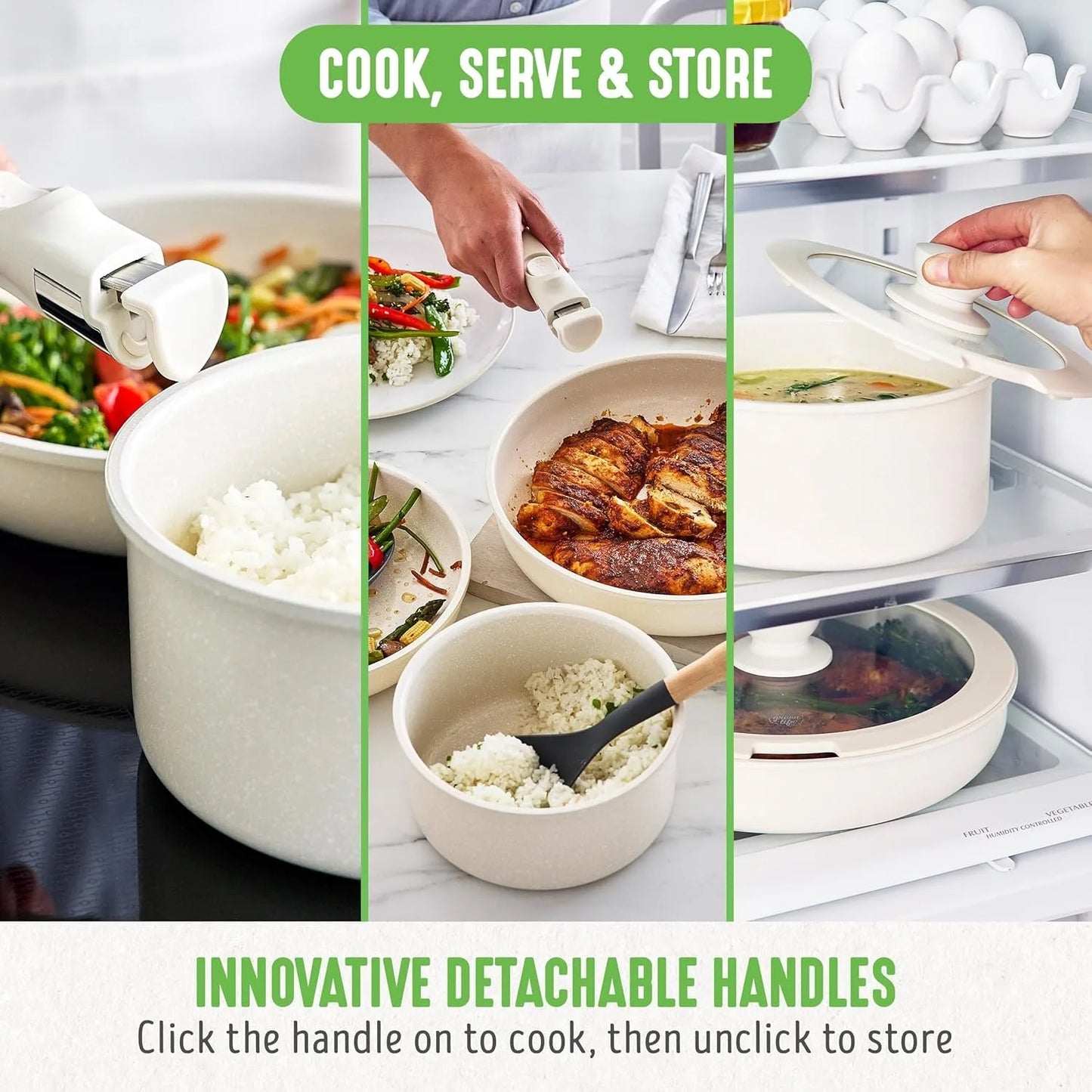 Click 10-Piece Ceramic Nonstick Cookware Set, Detachable Handle, Stackable Space Saving Kitchen Essential