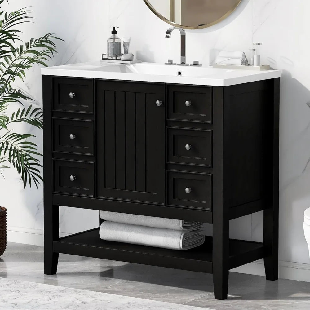 Harper & Bright Designs 36" Bathroom Vanity with Sink, Free Standing Single Basin Vanity Set with One Cabinet and Three Drawers,
