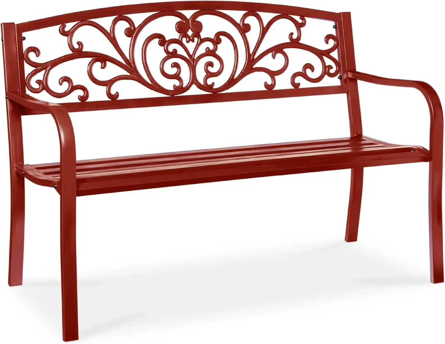 Outdoor Bench Steel Garden Patio Porch Furniture for Lawn, Park, Deck w/Floral Design Backrest, Slatted Seat