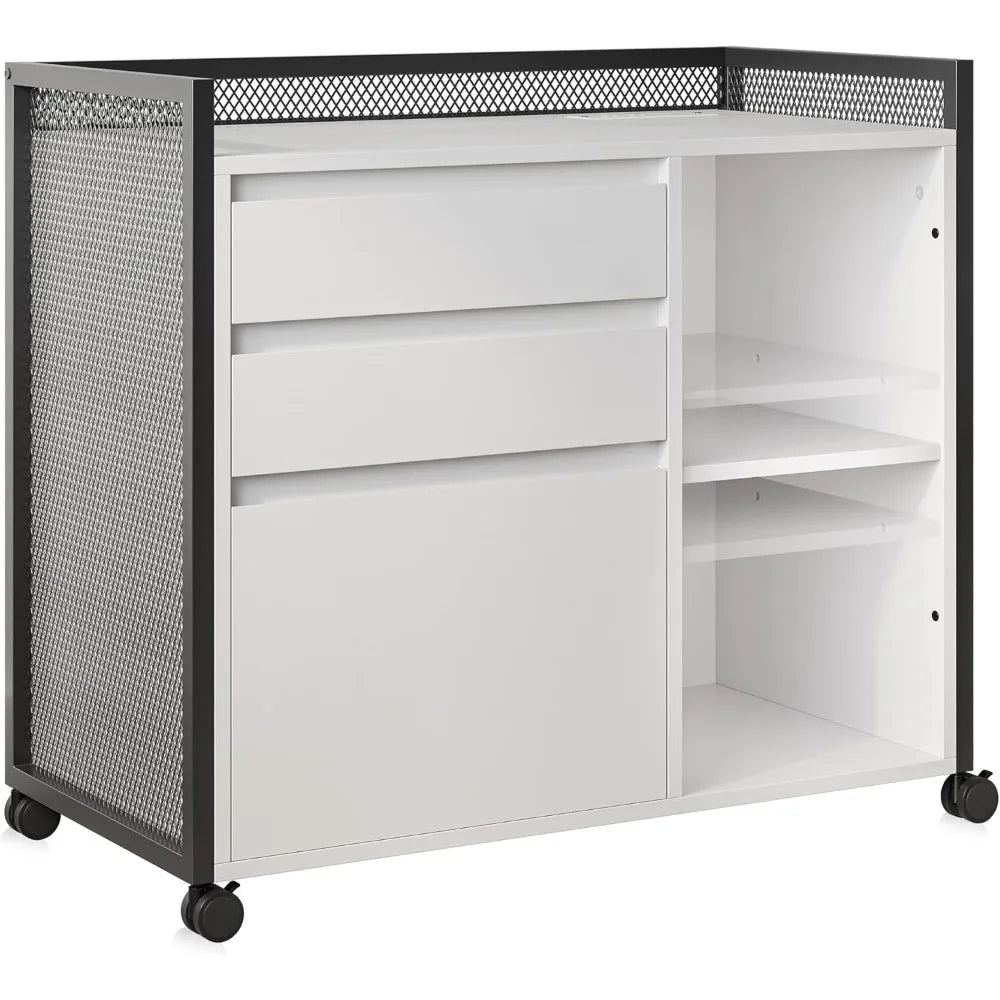 3-Drawer Mobile File Cabinet Desk with Ultra-Fast USB Type A/C Outlet, Rolling Printer Stand with 2-Tier Open Shelves