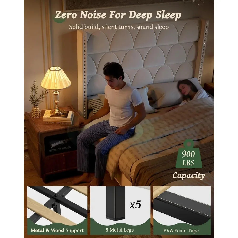 Silent Velvet Wingback Platform Bed Frame with 56" Headboard - 1000lb Weight Capacity & Noise-Free Design
