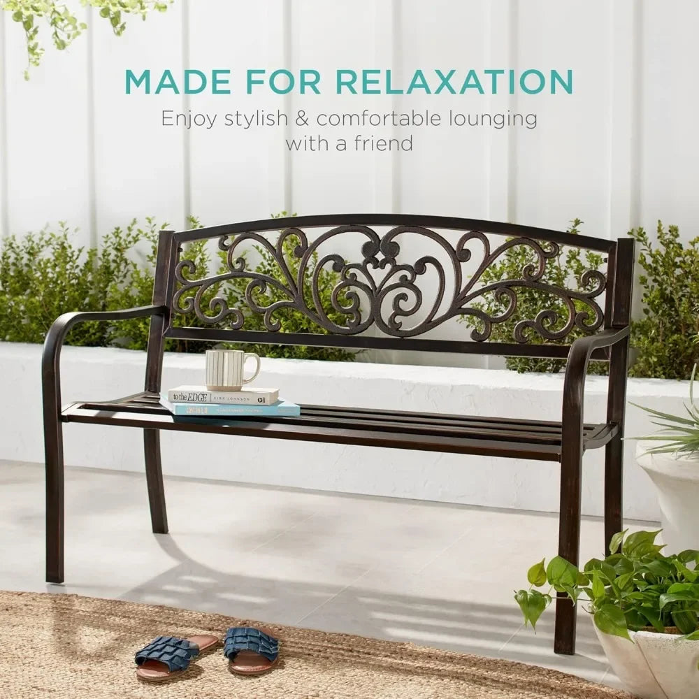Outdoor Bench Steel Garden Patio Porch Furniture for Lawn, Park, Deck w/Floral Design Backrest, Slatted Seat