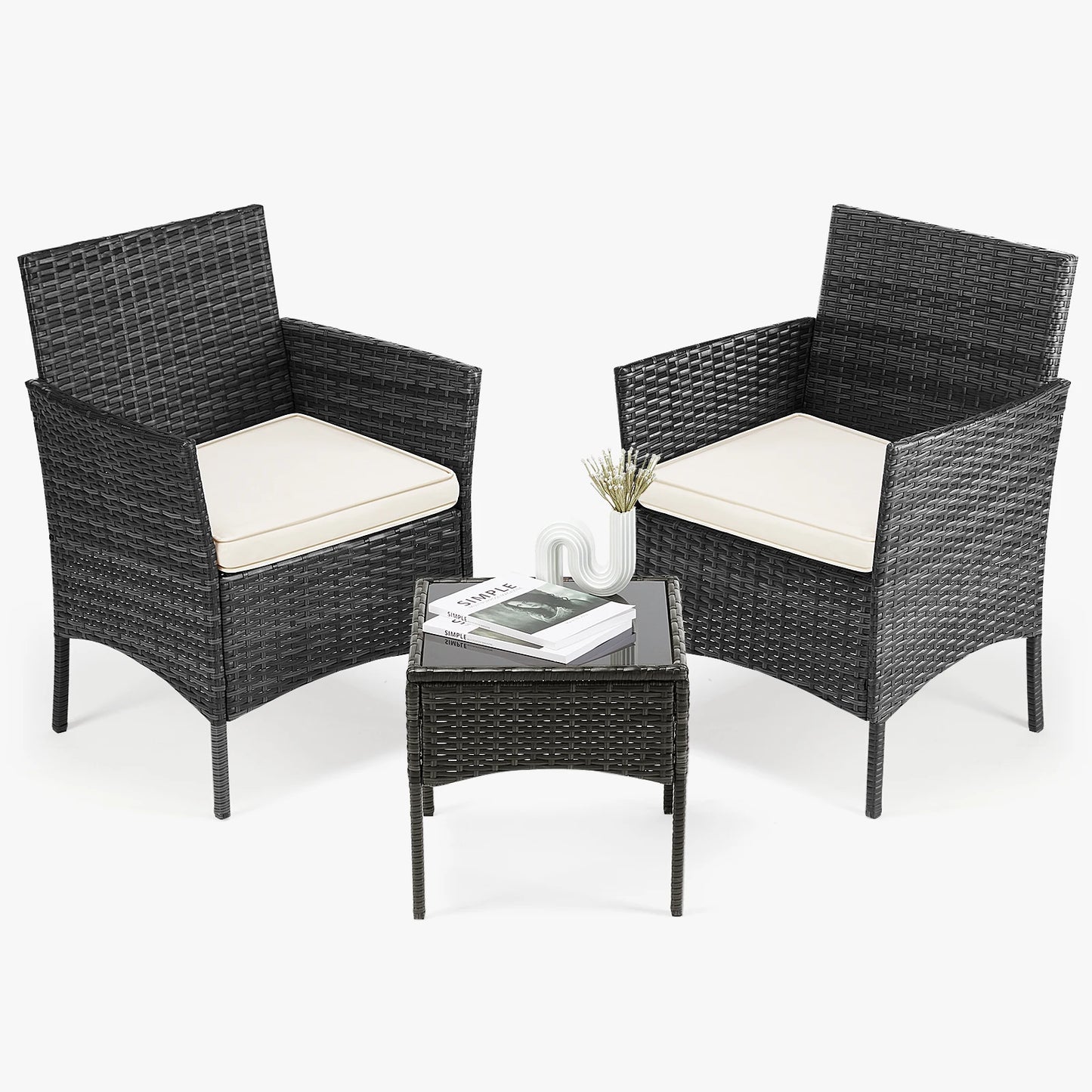 JHK Outdoor Patio Furniture Set 3 Pieces with Soft Cushion and Glass Table Manual Weaving Wicker Rattan Patio Chairs For Garden