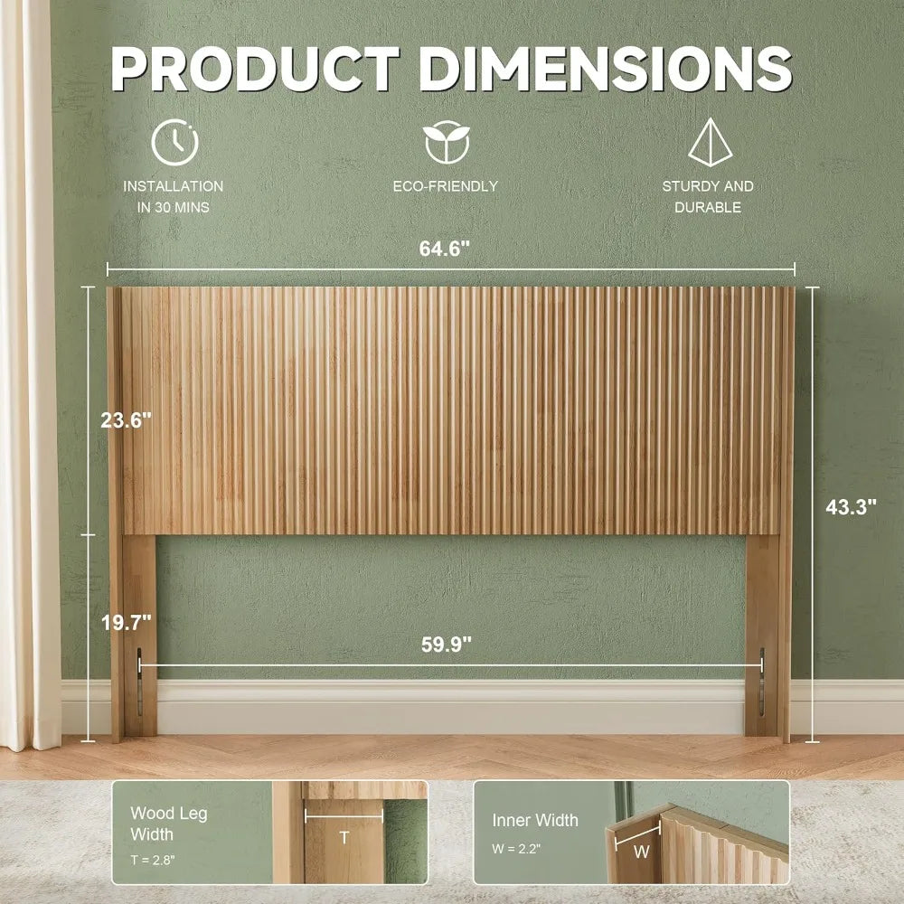 Queen Size, 64.6" Wide Wooden Queen Headboard Only, Modern Farmhouse Headboards, Wall Mounted Fluted Panel