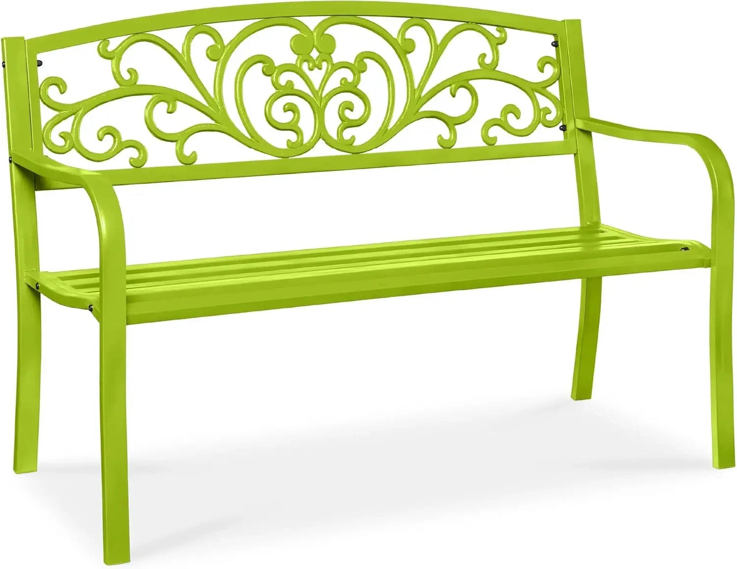 Outdoor Bench Steel Garden Patio Porch Furniture for Lawn, Park, Deck w/Floral Design Backrest, Slatted Seat