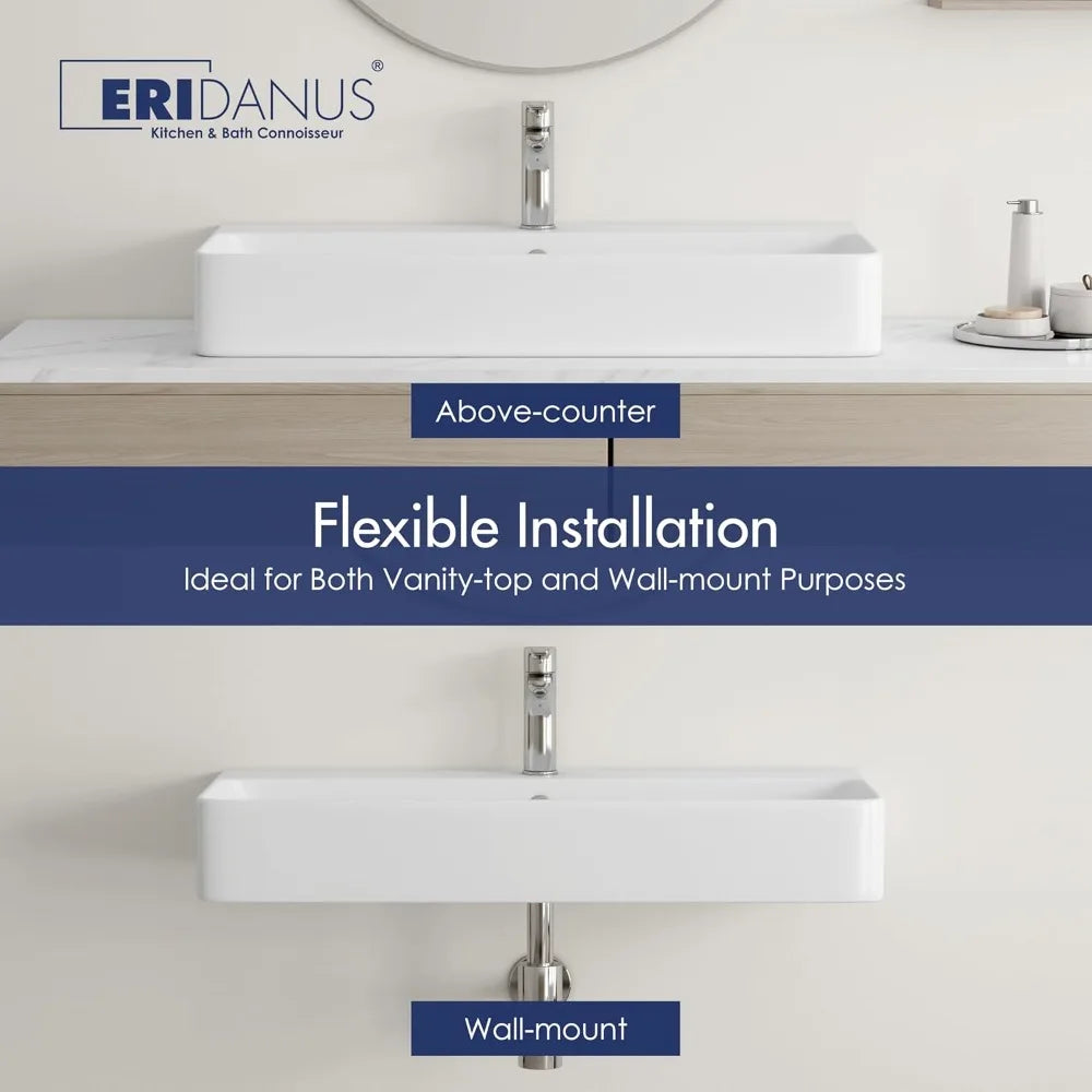 Bathroom Vessel Sink 36" x 16", Above Counter Wall Hang Mount Vanity Sink Ceramic Rectangular, Premium White Art Basin with Ove