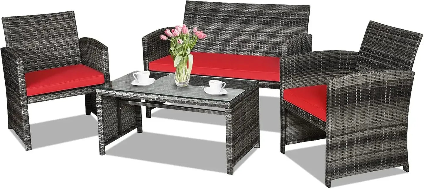 Guangbai 4 Piece Rattan Outdoor Patio Set Glass Tabletop